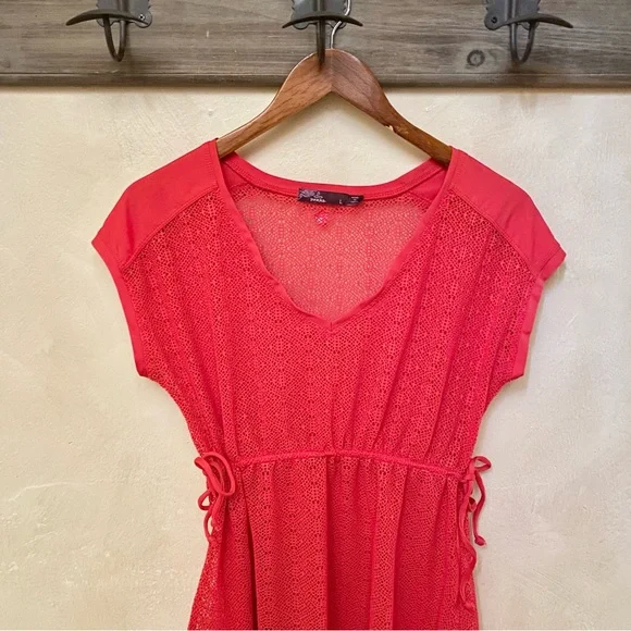 🍒 3/$35 PRANA Cherry Red Mesh ELLIOT Cinch-Tie Waist S/S Cover-Up-L - Picture 6 of 16